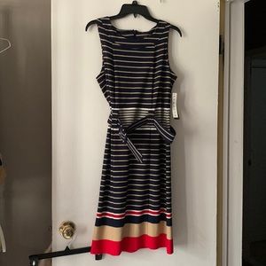 NWT- I LE- Stripped Nylon Tank Dress- Tan, Black, White and Red